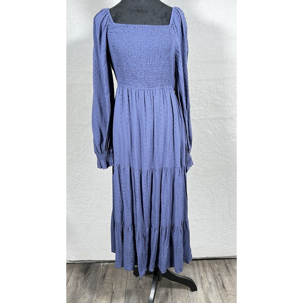 Penelope Rose Smocked Square‎ Neck Maxi Dress Blue Swiss Dot Tie Back Large